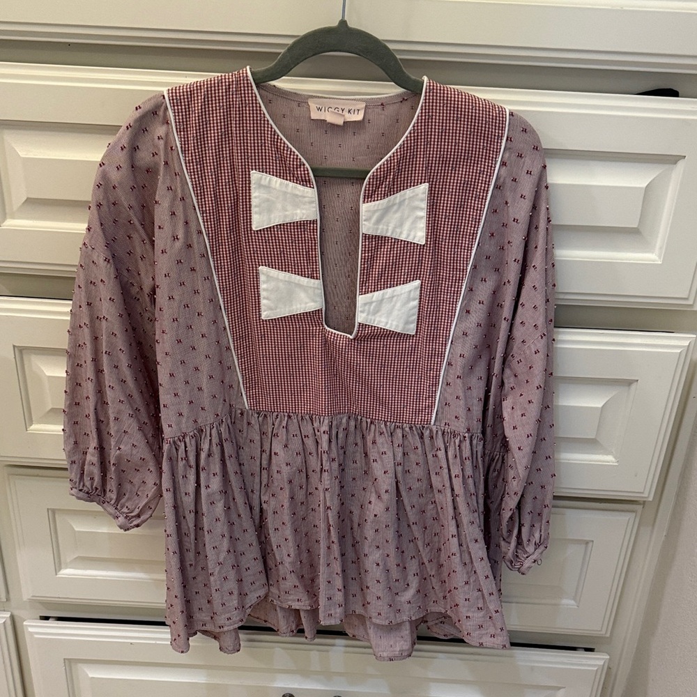 Wiggy Kit “Bow Tie” Blouse, Clay Red and White, Medium